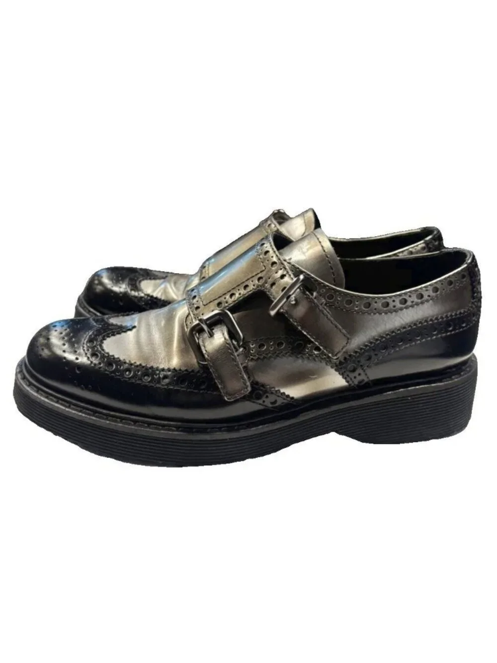 Prada Sport Leather Shoes Monk Strap Wing Tip Bicolor Sneakers Black 37